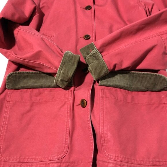LL Bean womens red canvas chore jacket barn coat sz M corduroy collar cuffs - Picture 11 of 12